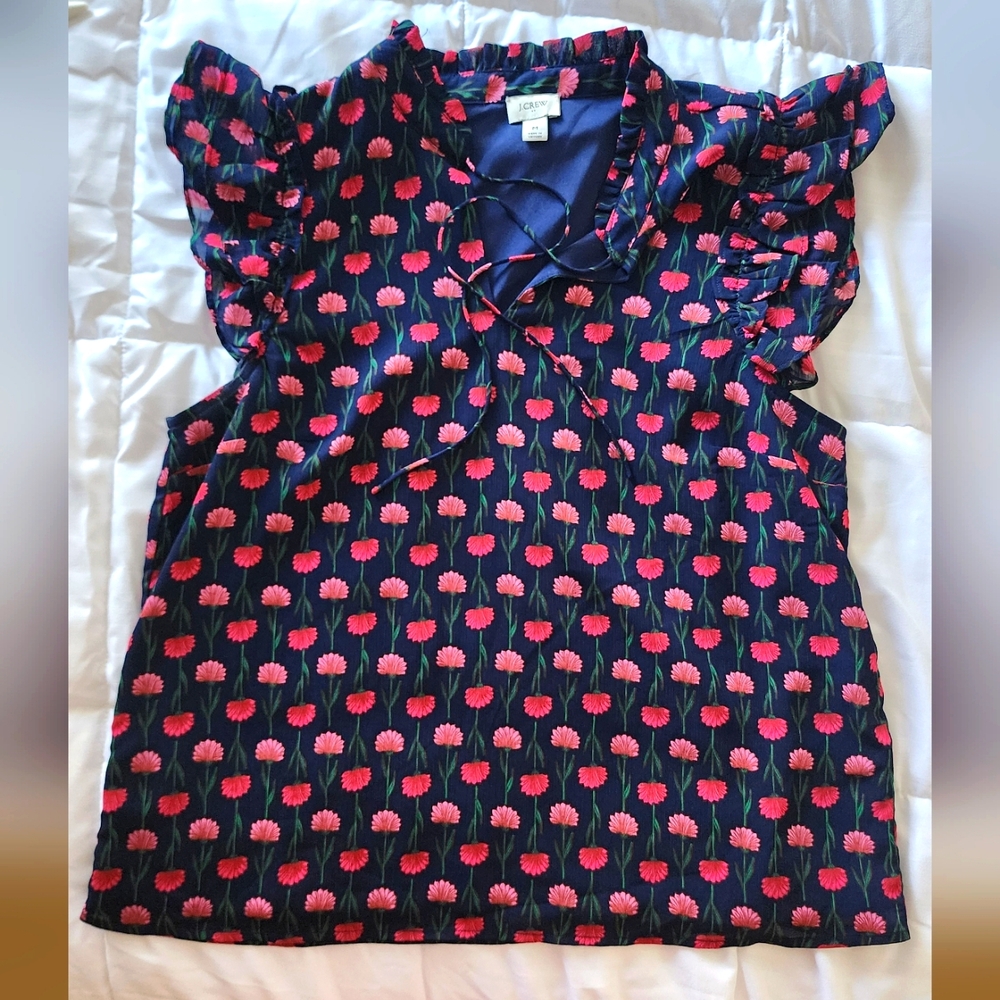 Women's J. Crew Factory Ruffle Sleeve Top Sz M Navy W/ Pink Flowers